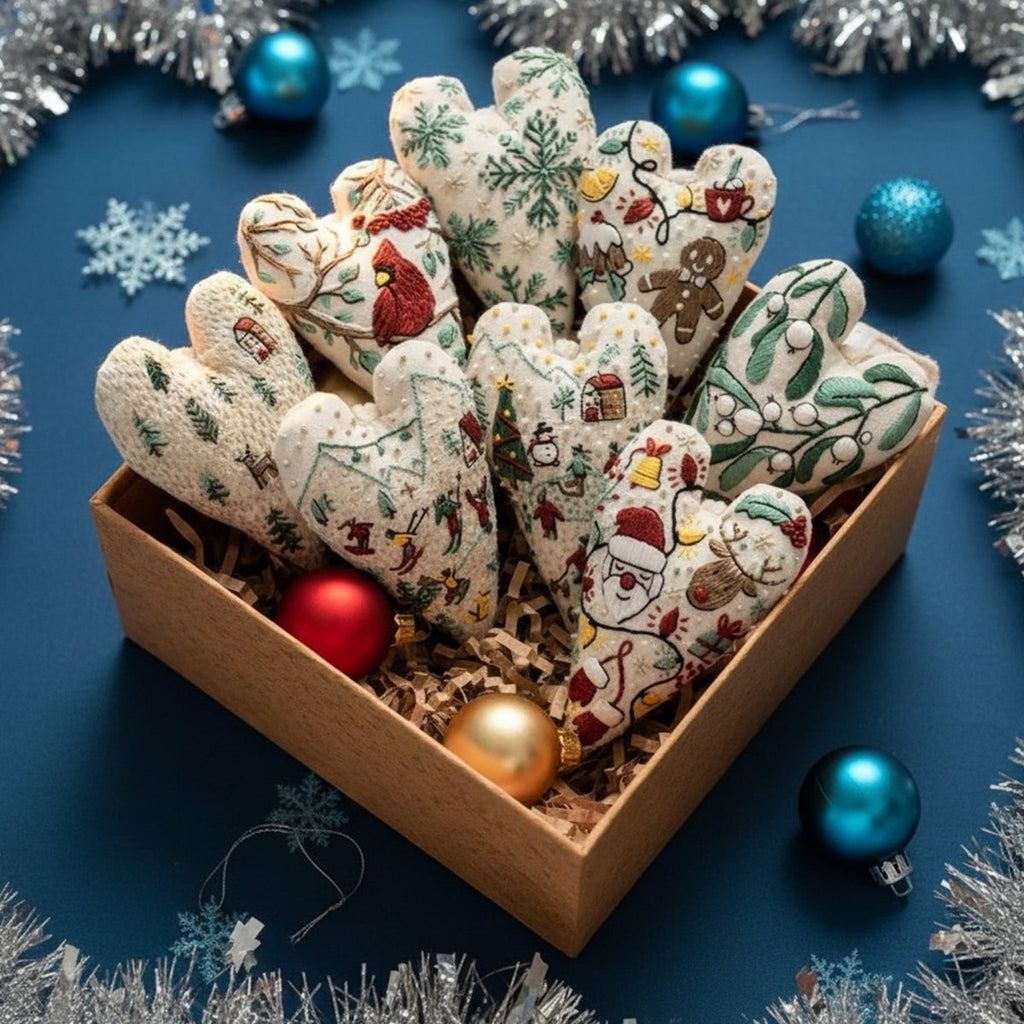 DIY embroidery set for heart-shaped Christmas decorations with fabric, thread, and needles