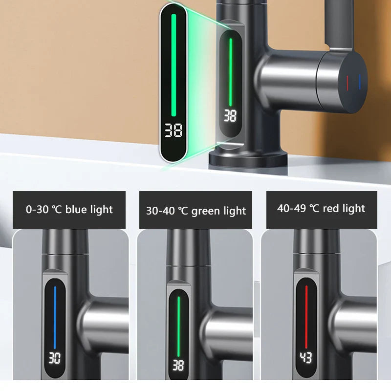 Retractable Waterfall Faucet with Temperature Display in Stainless Steel