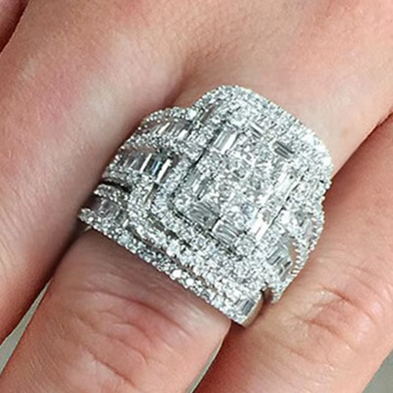 Elegant Silver-Toned White Crystal Bridal Ring Set for Women