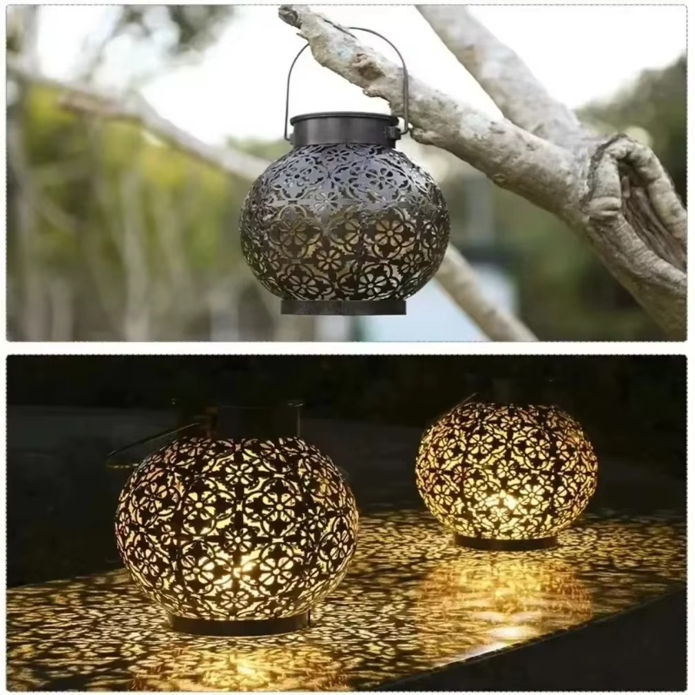 Outdoor Solar LED Lantern Light with Hollow Wrought Iron Design for Garden and Yard Decoration