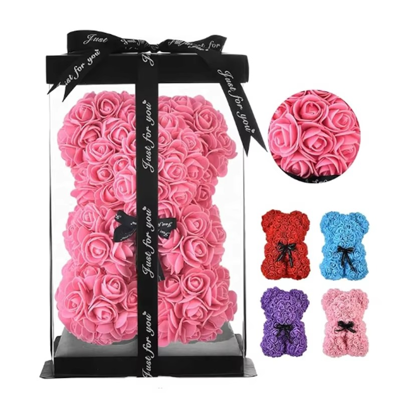 9.8in Artificial Rose Teddy Bear Gift with Display Box - Romantic Anniversary or Valentine's Day Decor