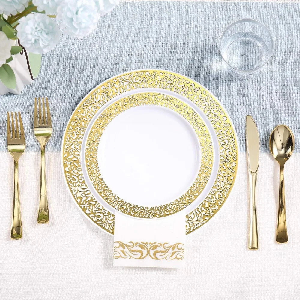 350pcs Disposable Gold Lace Dinnerware Set for 50 Guests