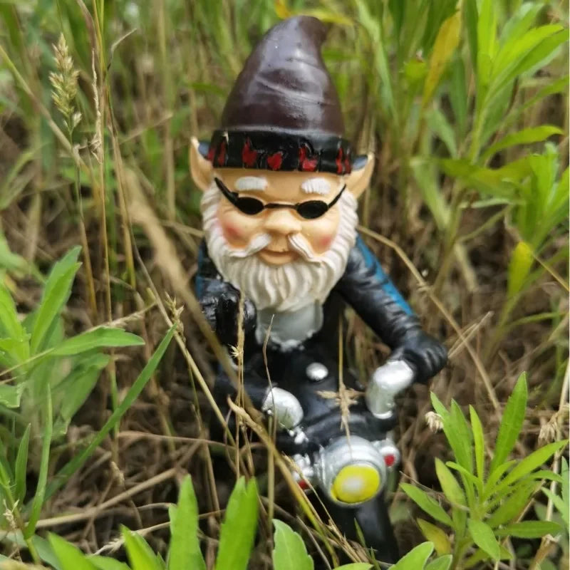 Gnome on Motorcycle Resin Figure for Garden