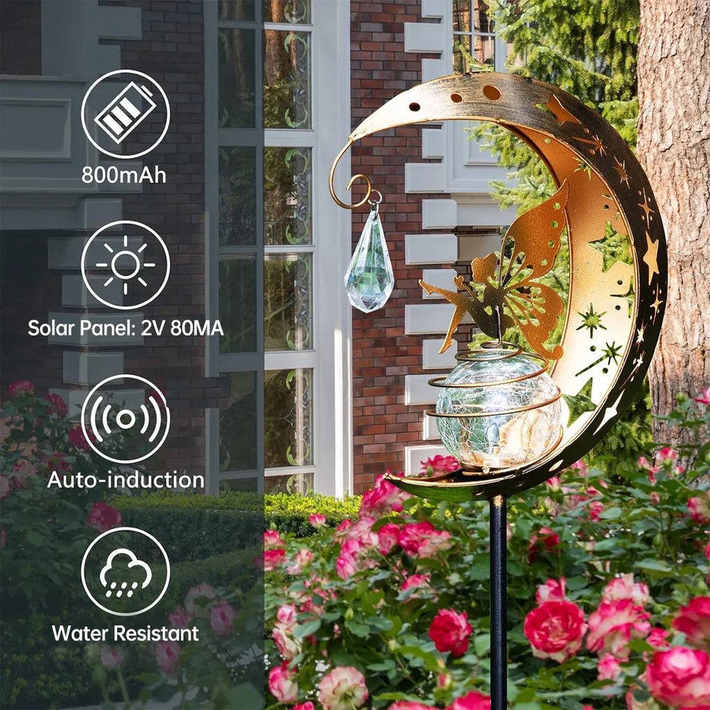 Lunafeya Solar Garden Light with Moon & Fairy | Crackle Glass Ball | IP55 Waterproof | Romantic Decor for Path & Bed
