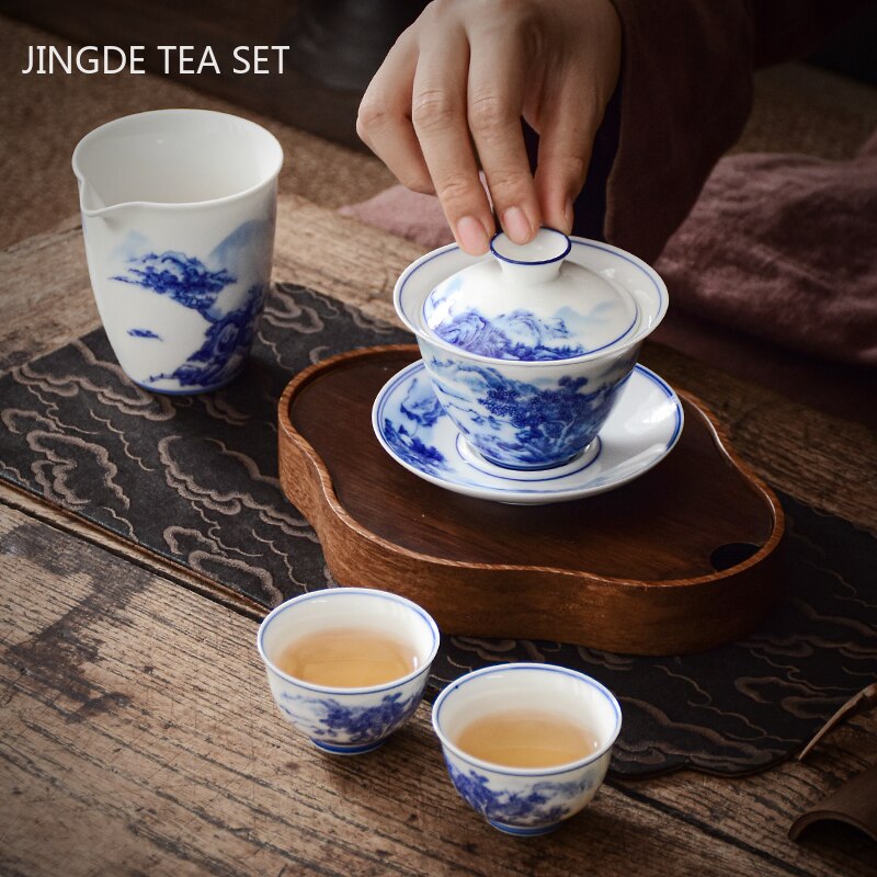 PorceVive Gaiwan Tea Cup | Handcrafted Porcelain with Landscape Pattern | Chinese Tea Set with Lid