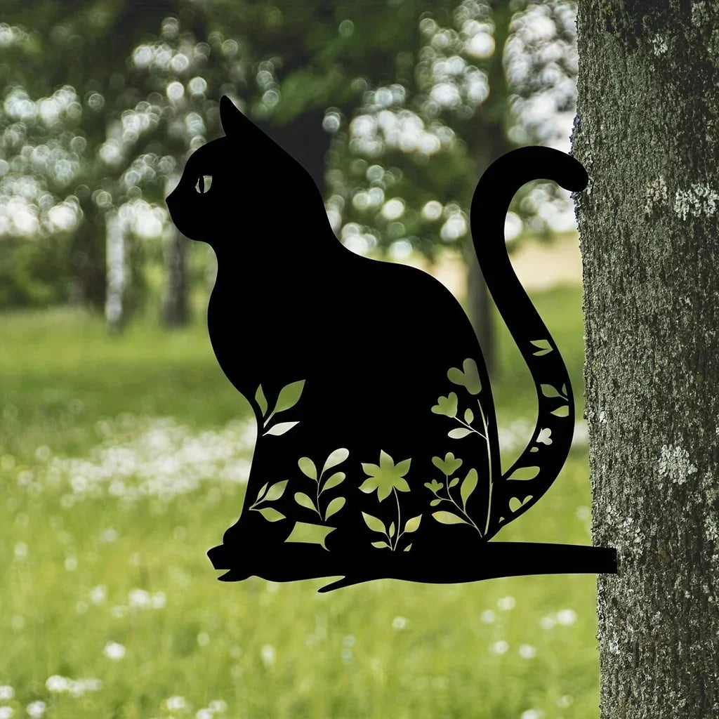 Metal cat silhouette for garden and patio decoration