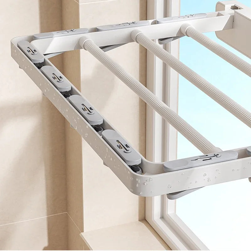 DryFold Wall-Mounted Folding Clothes Drying Rack | Foldable & Space-Saving | With Wind-Resistant Clips | Plastic/Stainless Steel
