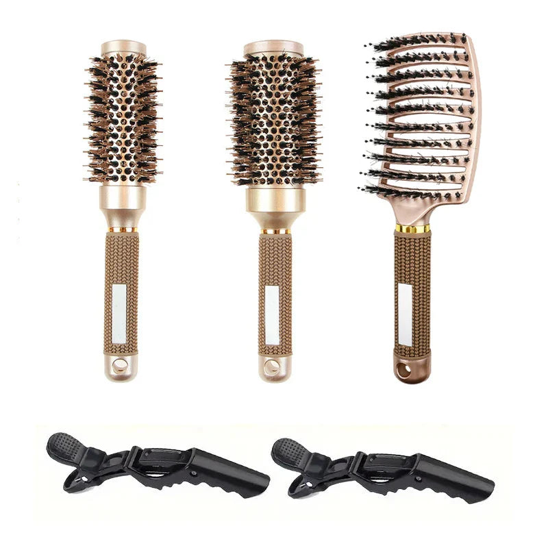 Round Brush Set GLOSSENTA | Ions-Ceramic & Boar Bristles | Anti-frizz & Volume | 25–53 mm Ø