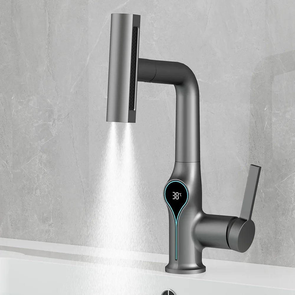 Faucet with Waterfall Jet Temperature Display and Adjustable Sprayer