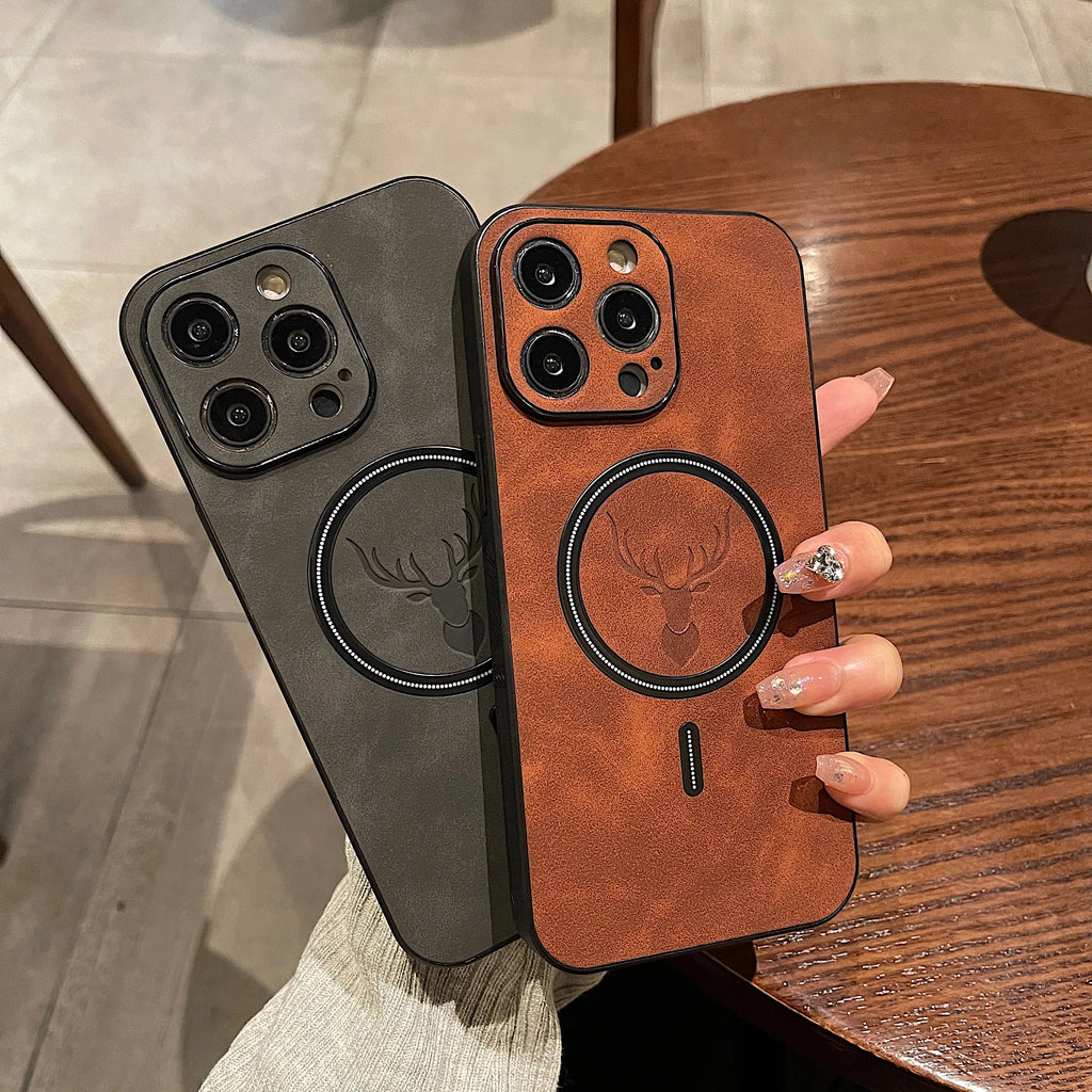 Luxury Deer Leather Apple iPhone Case | Magnetic Phone Case, Wireless Case, MagSafe, Wireless Charging, Protective Case, Cover for iPhone 15, 14, 13 Pro Max Plus
