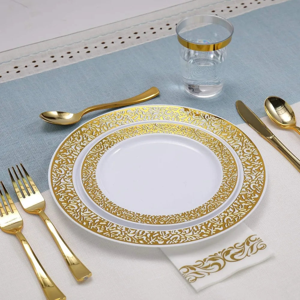 350pcs Disposable Gold Lace Dinnerware Set for 50 Guests