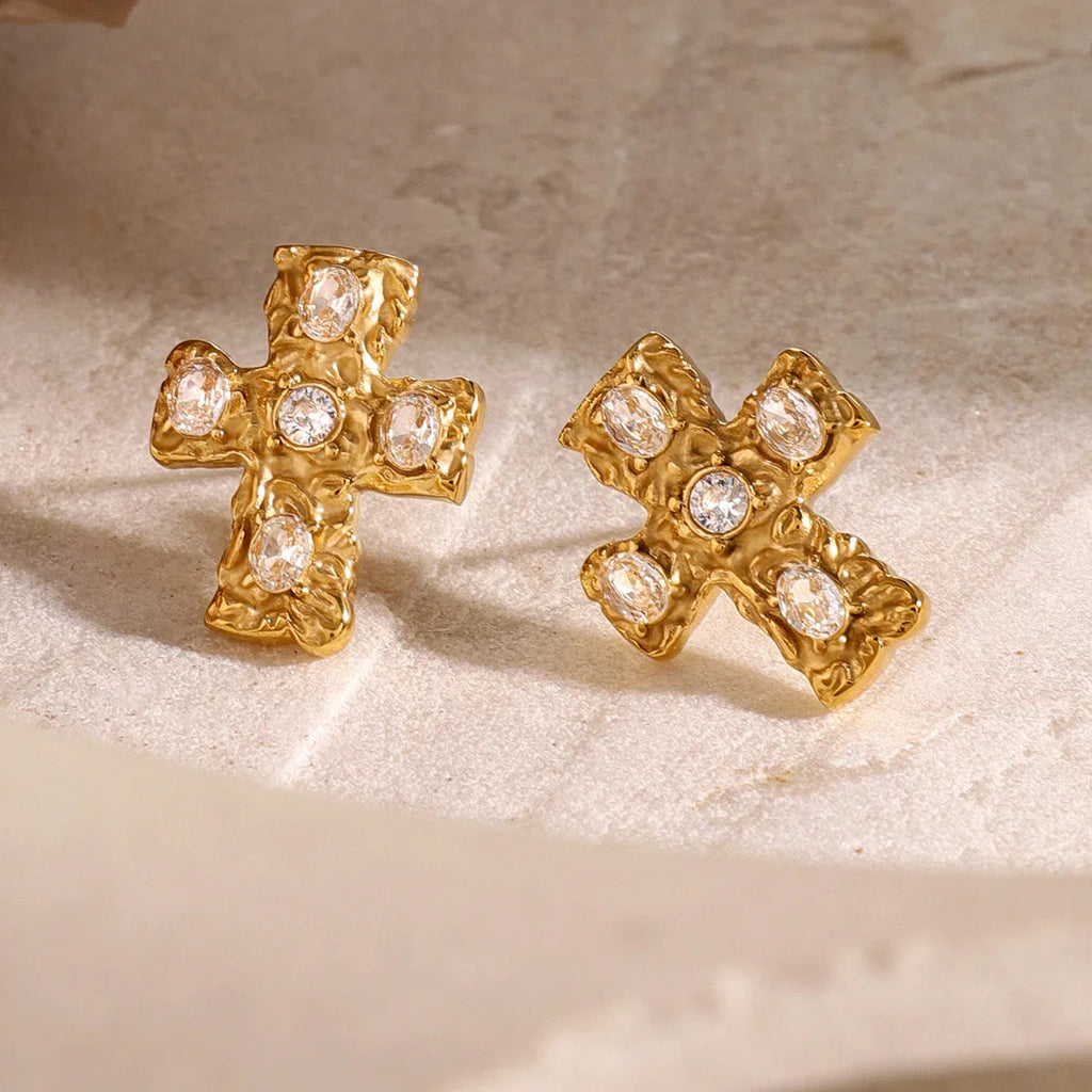 18k Textured Oval Diamond Cross Earrings