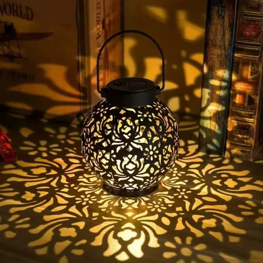 Outdoor Solar LED Lantern Light with Hollow Wrought Iron Design for Garden and Yard Decoration