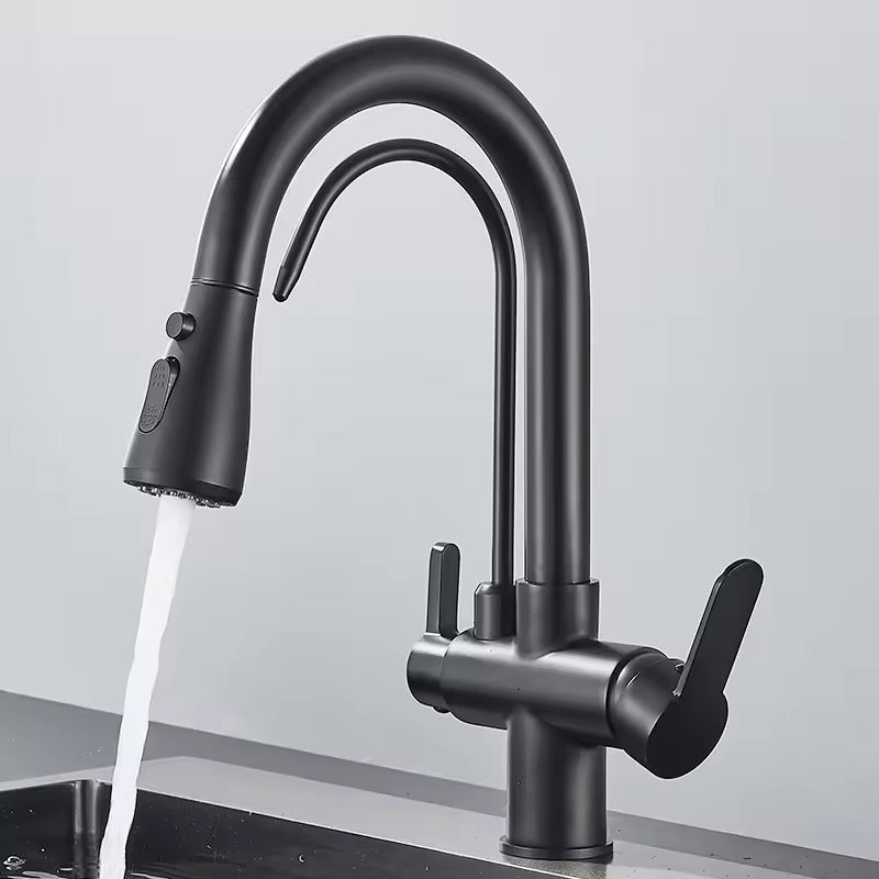 Matte Black Filter Faucet for the Kitchen, Pull-Out Spray, 360° Rotation, Three-Way Water Filter Tap, Sink Mixer