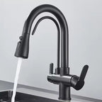 Matte Black Filter Faucet for the Kitchen, Pull-Out Spray, 360° Rotation, Three-Way Water Filter Tap, Sink Mixer