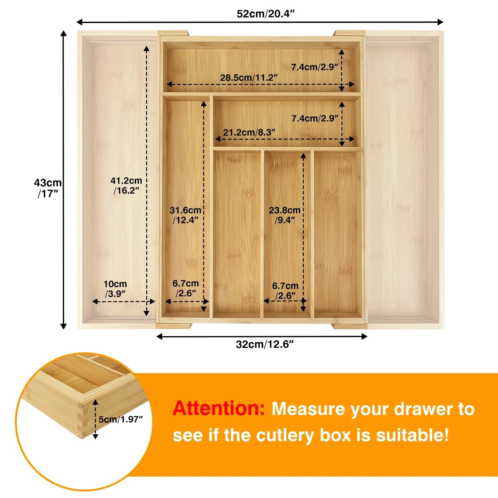 Bambusio cutlery tray made of bamboo | Expandable 32–52 cm | 6–8 compartments | Sustainable drawer insert for kitchen, bathroom & office