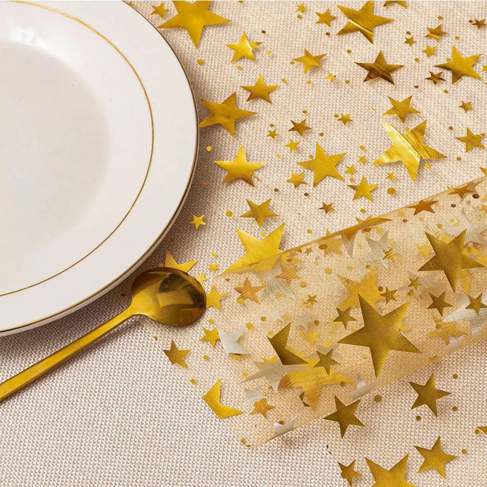 Sparkling Table Runner "StellaLuxe" | Gold, Rose Gold or Silver | Metallic Shimmering Mesh Runner with Star Pattern | For Parties & Dinner Decoration