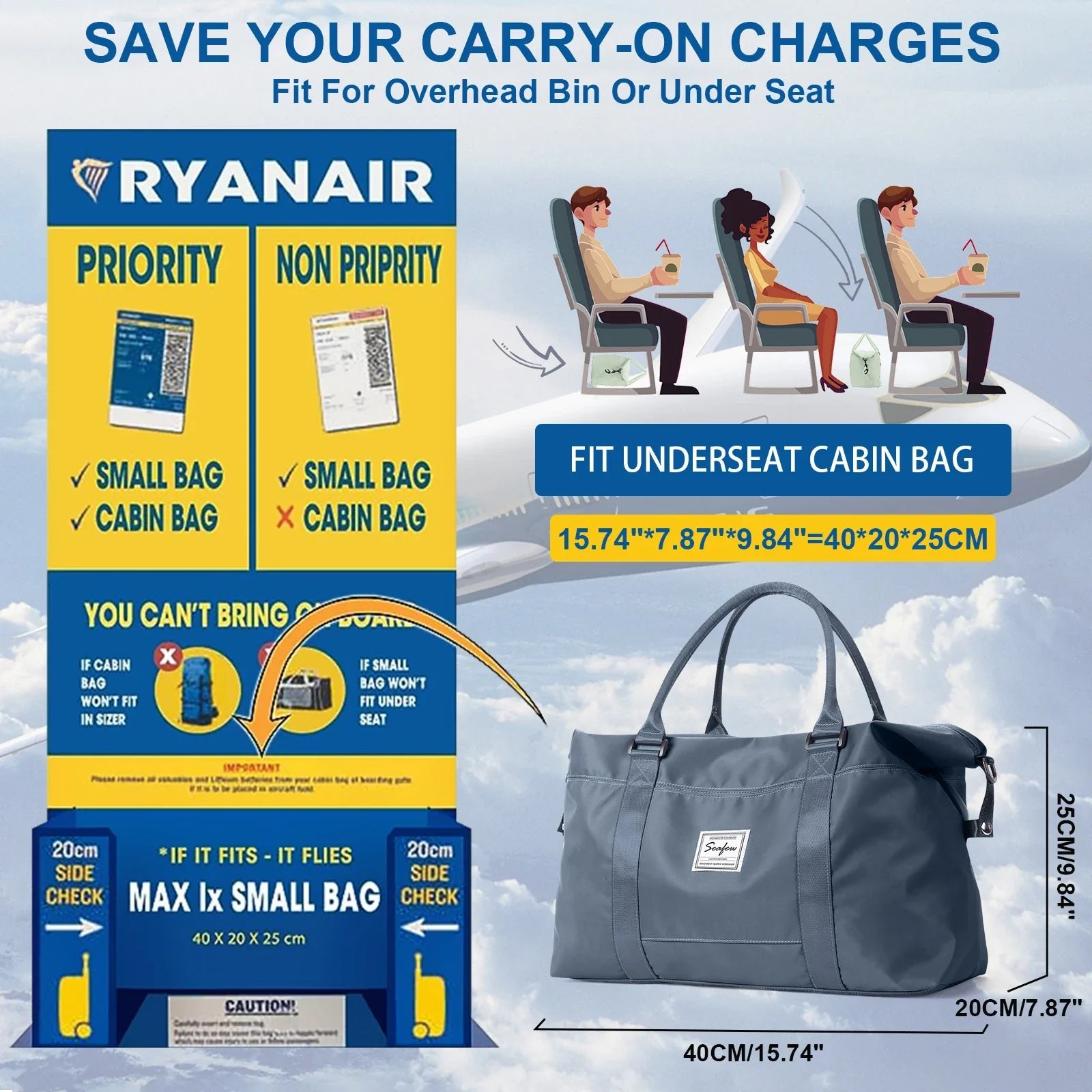 Aerovigo Travel Bag Hand Luggage 40x20x25 | Large Capacity | Weekend Bag for Short Trips | Flight Compliant Cabin Bag