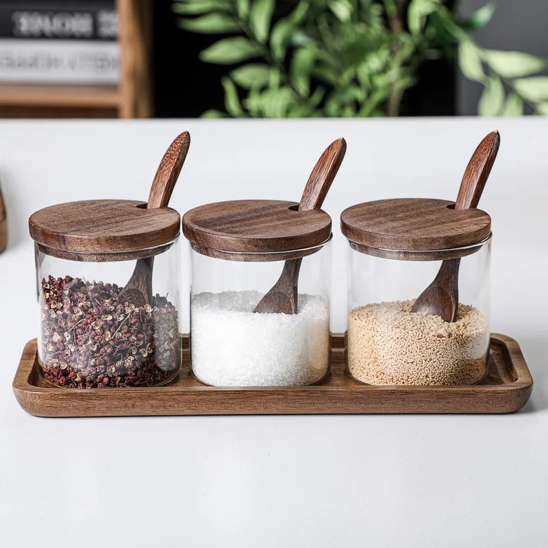 Modern set of glass containers with a natural design and practical application