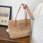 Genevieve | Chic Straw Tote Bag with Genuine Leather Straps – Elegant Summer Handbag