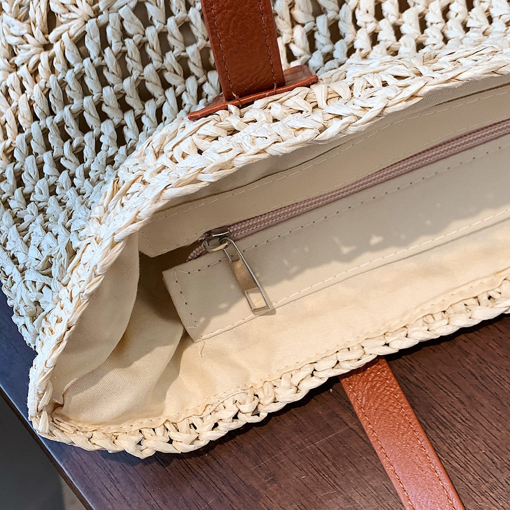 Genevieve | Chic Straw Tote Bag with Genuine Leather Straps – Elegant Summer Handbag