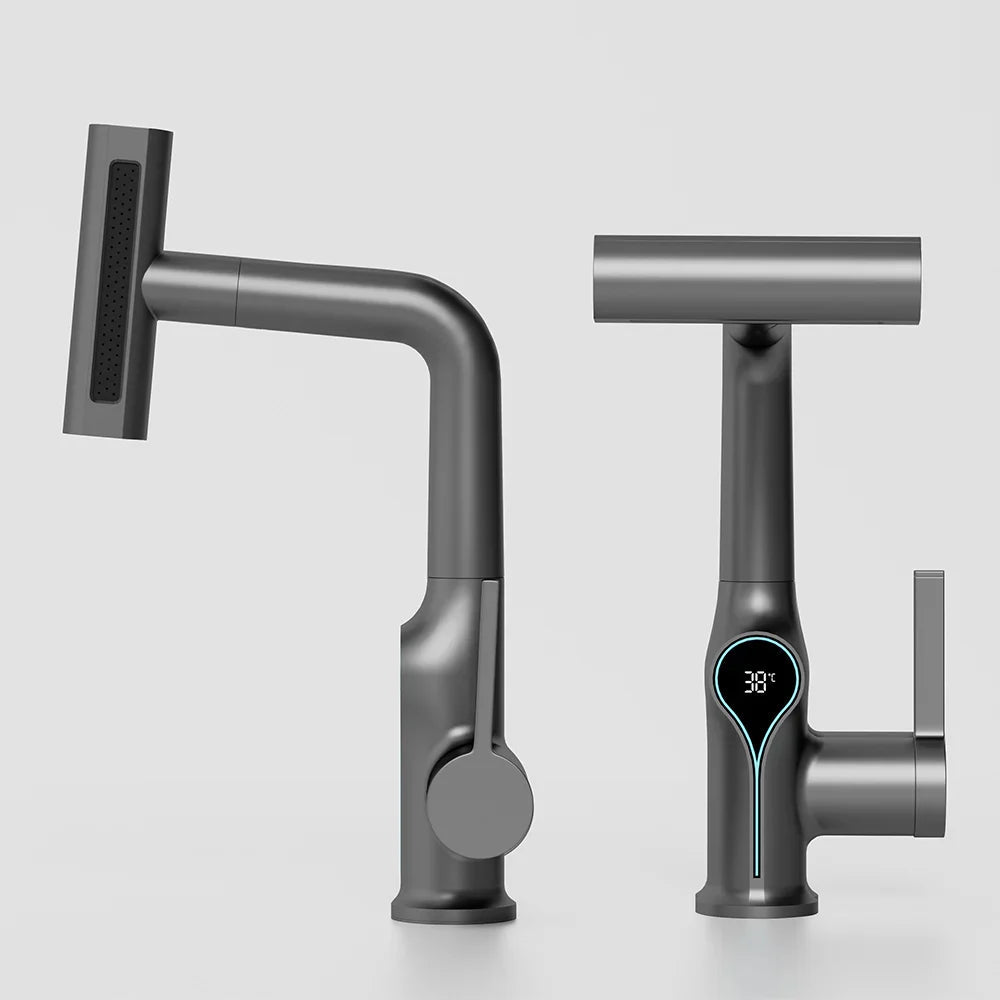 Faucet with Waterfall Jet Temperature Display and Adjustable Sprayer