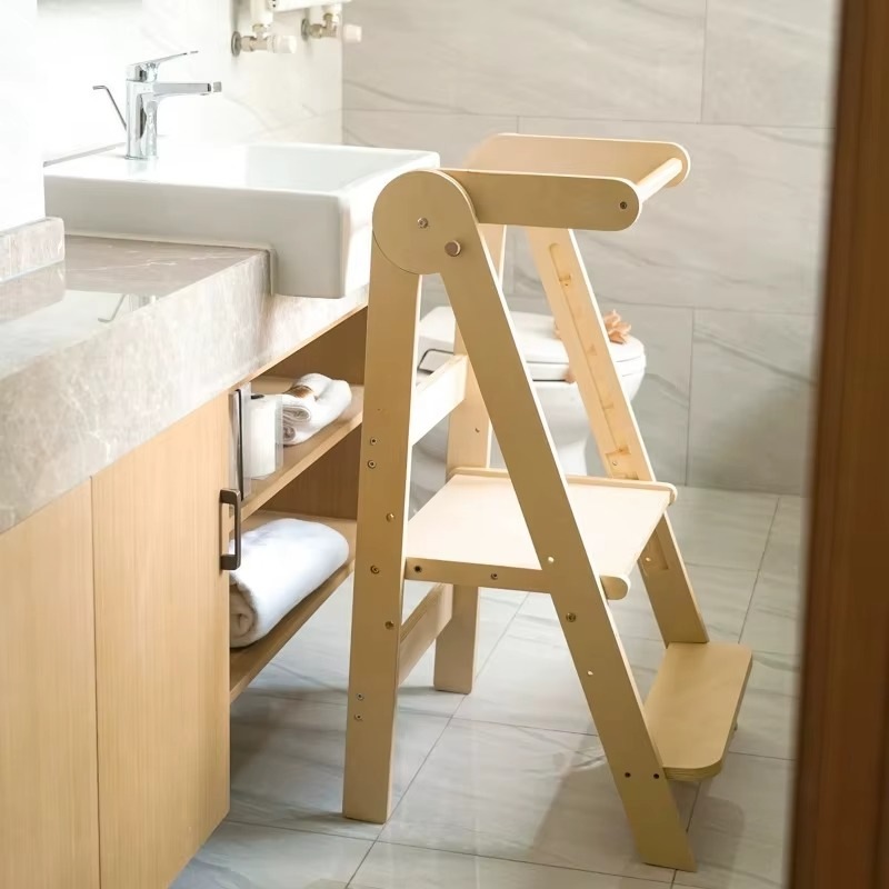 Modern Design Foldable Step Stool Kids Wooden Kitchen Tower - Safe and Versatile Helper for Kids