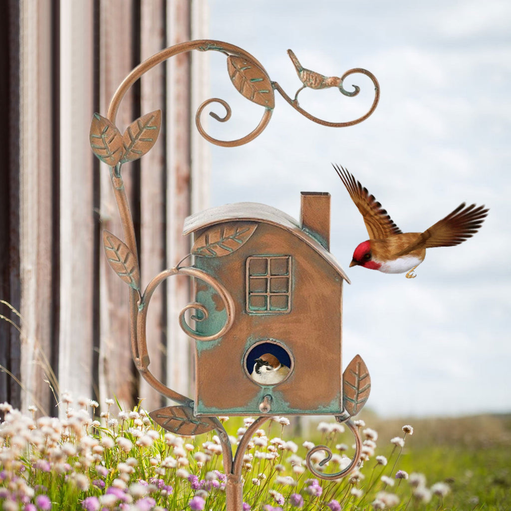 Metal art birdhouse garden stake - Talart