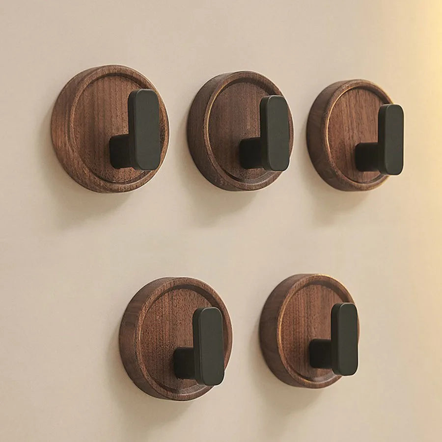 Self-adhesive wooden wall hooks Nordiva WoodCircle | Walnut wood | Decorative hook for keys, towels & clothing | Bathroom, kitchen & hallway
