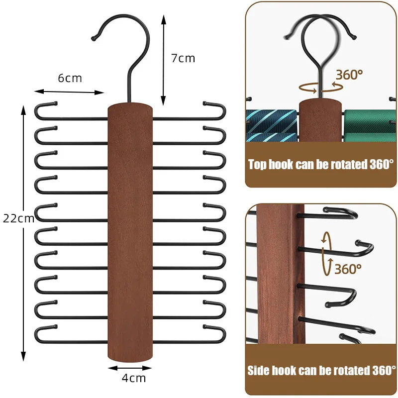 OrganizePro Holzico | Tie & Belt Holder | 20 Rotatable Hooks | For the Style-Conscious