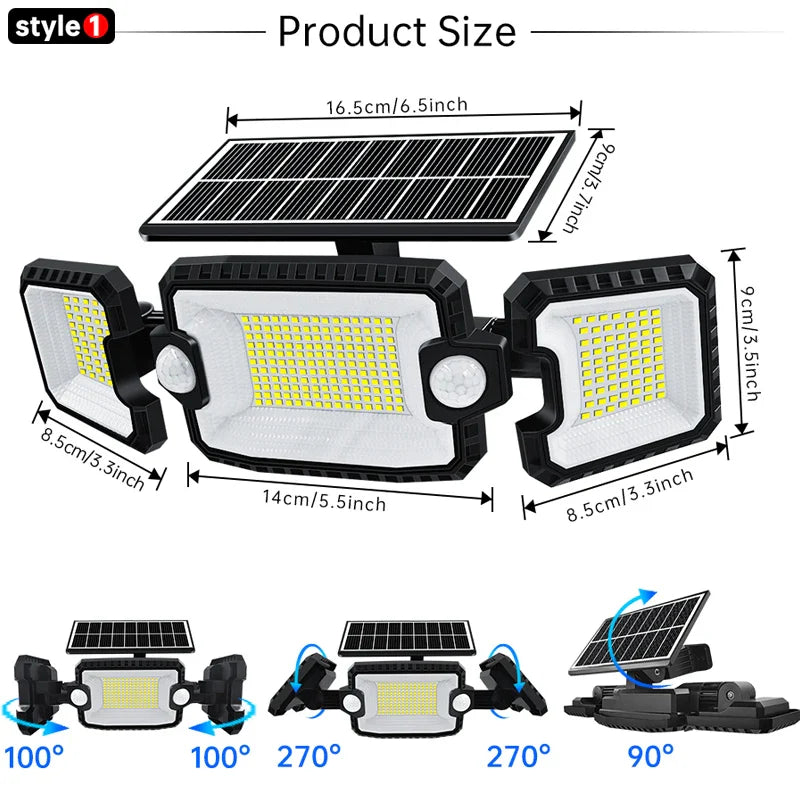 SecuSolar MaxView 167 Solar Security Spotlight 167 LEDs | 3 Adjustable Heads | Motion Sensor & 3 Light Modes | IP65 Waterproof | 2200 Lumens