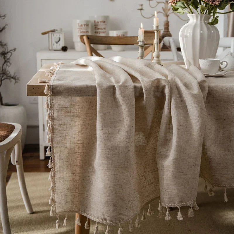 2023 Cotton-Linen Tablecloth with Tassels, Rectangular Tablecloth for Dining Table, Coffee-Tea Tablecloths, Wedding Easter Decoration