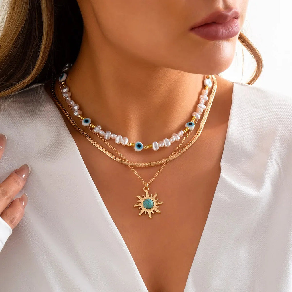 EthnoCharm Necklace Set – Sunflower & Evil Eye Accessories