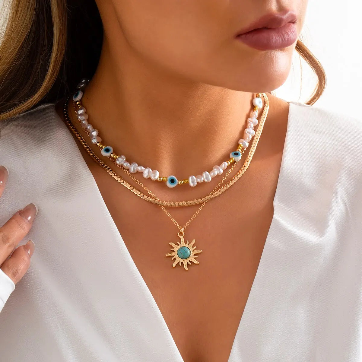 EthnoCharm Necklace Set – Sunflower & Evil Eye Accessories