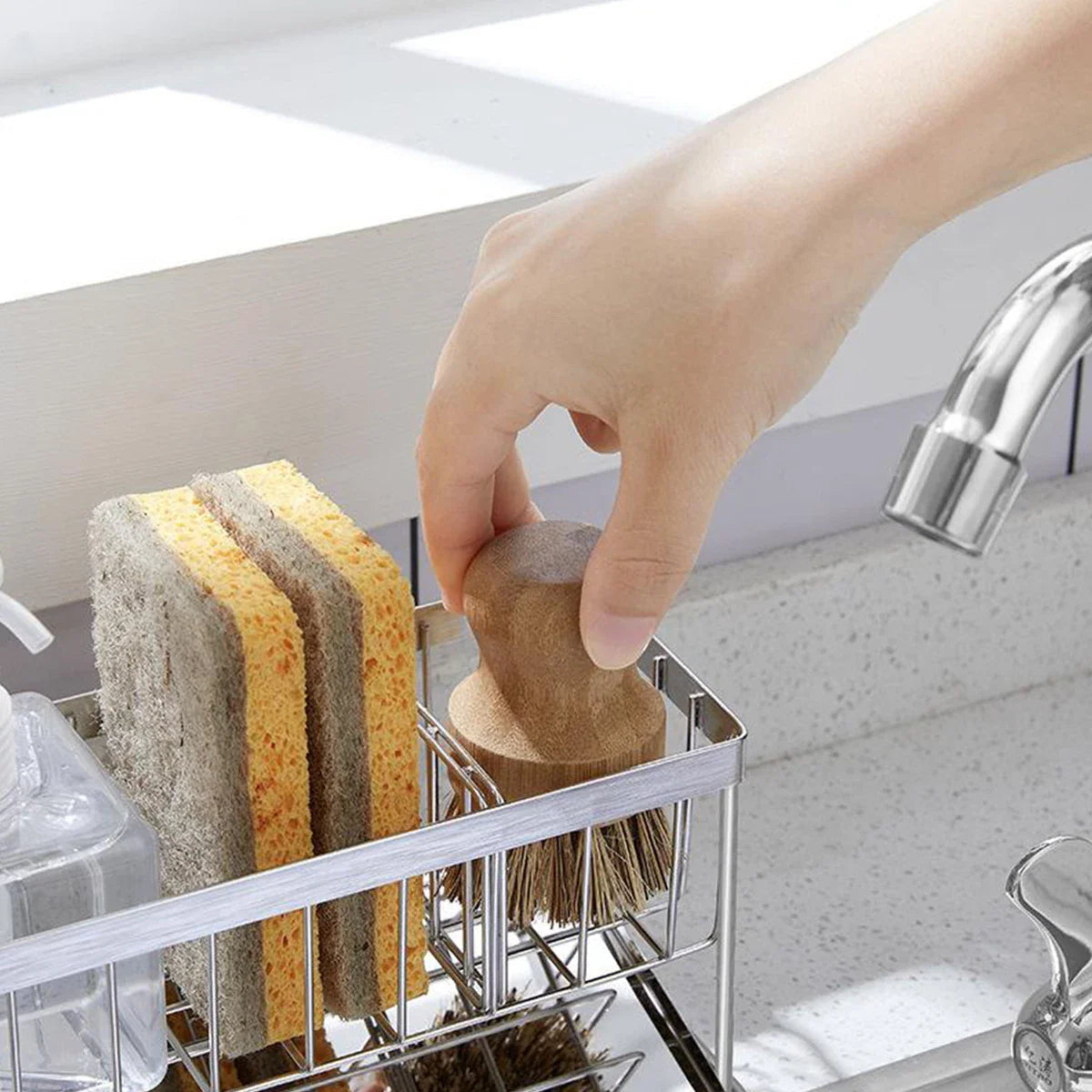 SteelNest | Sink organizer made of stainless steel | Sponge & soap holder with drip tray | 21×8.2×10 cm
