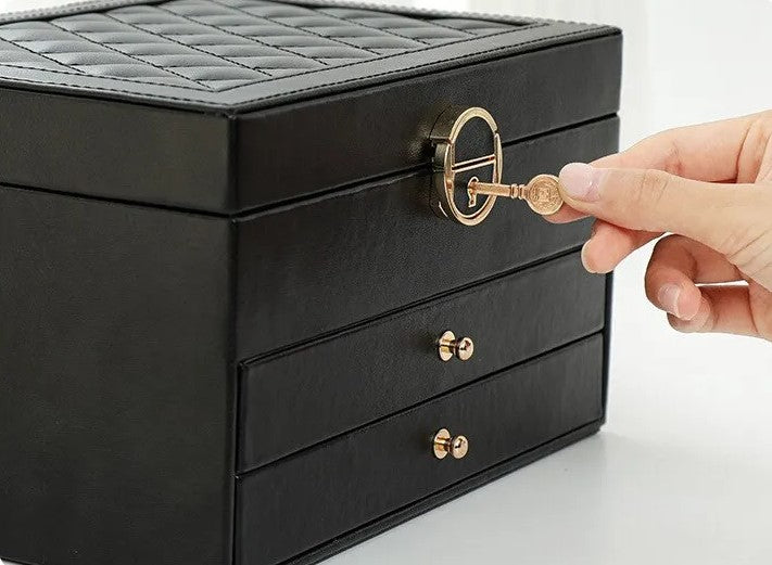 Lockable Leather Jewelry Box with Multi-Layer Storage