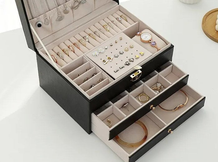 Lockable Leather Jewelry Box with Multi-Layer Storage