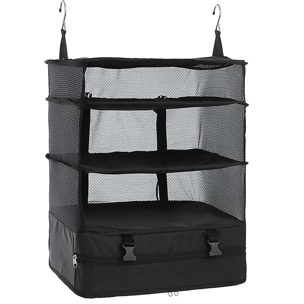 Packelier Suitcase Organizer | Hanging Shelf for Travel | 3 Compartments | Foldable & Water-Resistant | Black