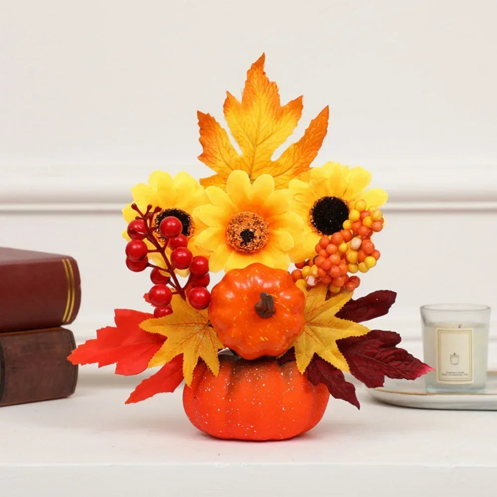 Autumn Magic | Decorative Pumpkin with Artificial Flowers | 25–30 cm | Autumn & Halloween Decor