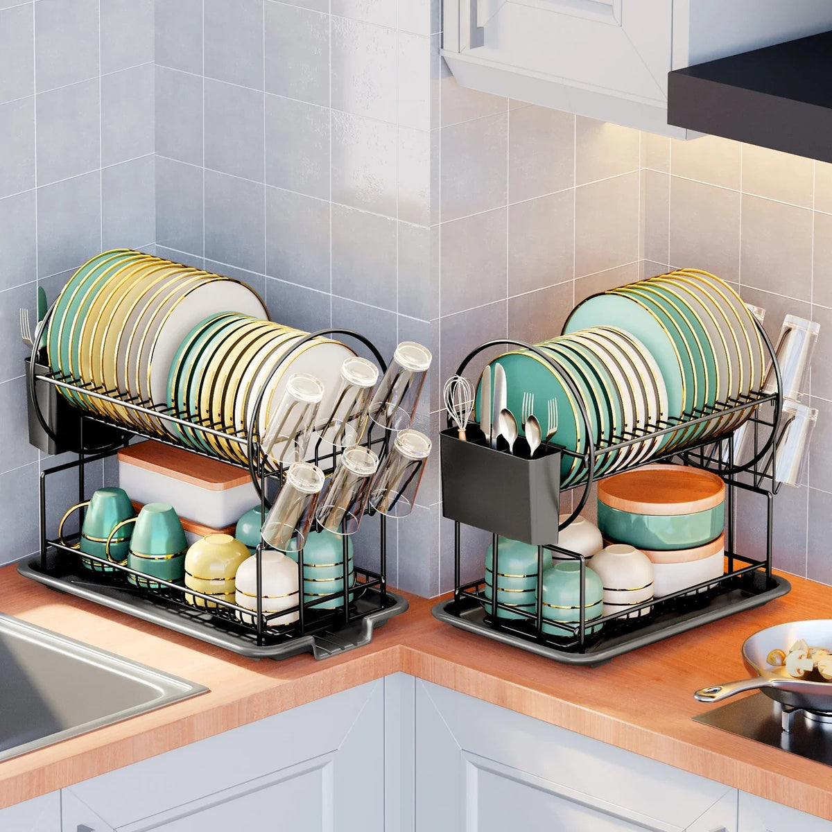2-Tier Dish Drying Rack with Drainboard & Cutlery Holder – Aria