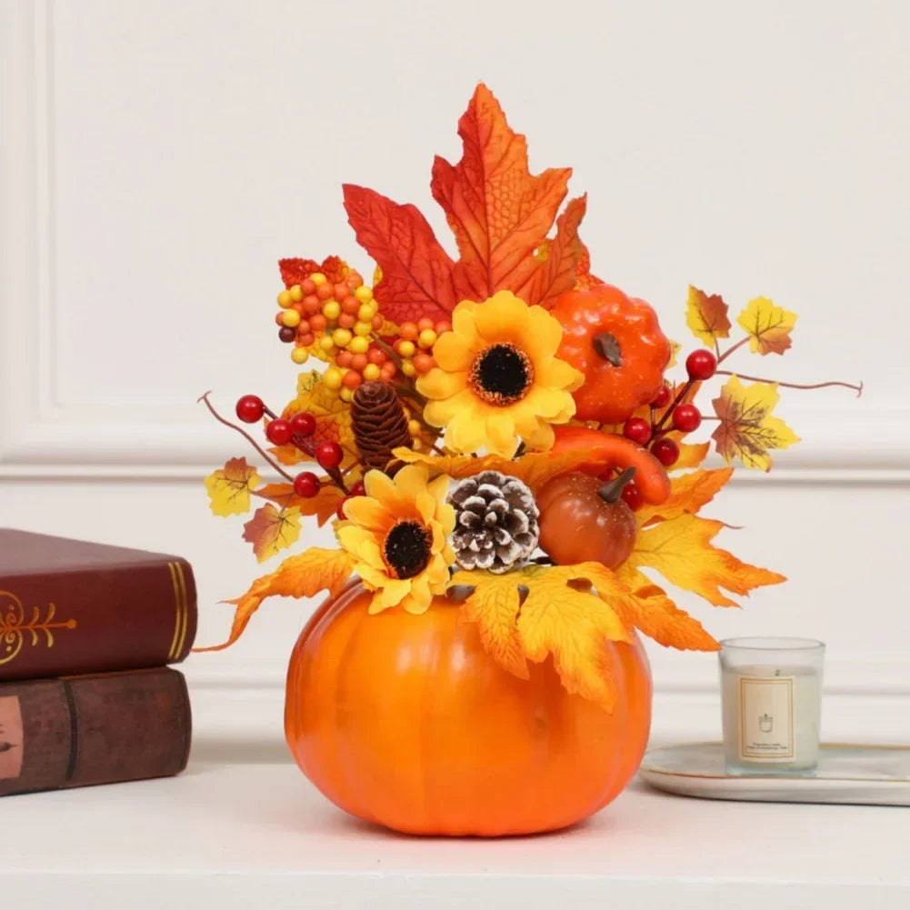 Autumn Magic | Decorative Pumpkin with Artificial Flowers | 25–30 cm | Autumn & Halloween Decor