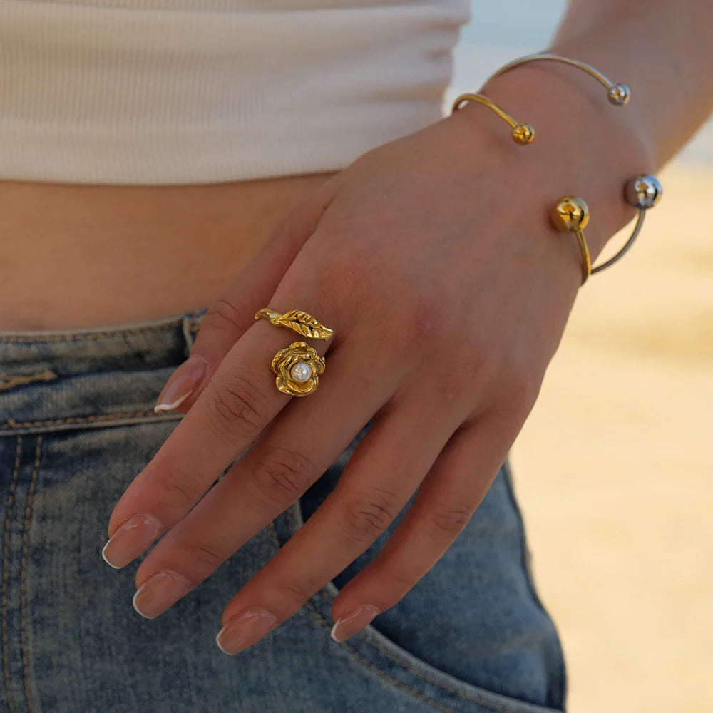 Adjustable Pearl Camellia Flower Ring