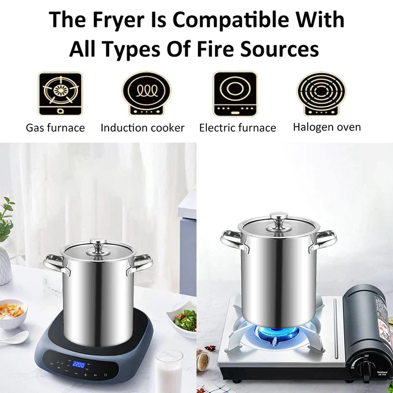 Crisplora FryMaster Stainless Steel Frying Pot 3 L with Strainer & Lid | Tempura Fryer with Tongs