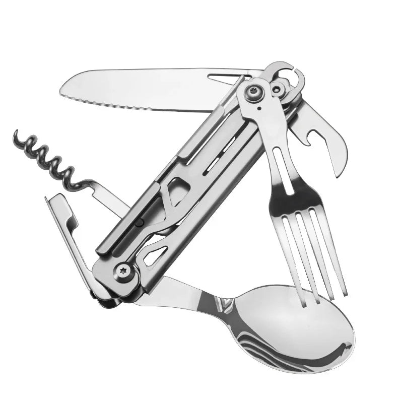 GearSpork Outdoor cutlery 6-in-1 | Foldable multifunctional cutlery made of stainless steel | Knife, fork, spoon, can opener & bottle opener | For camping & trekking