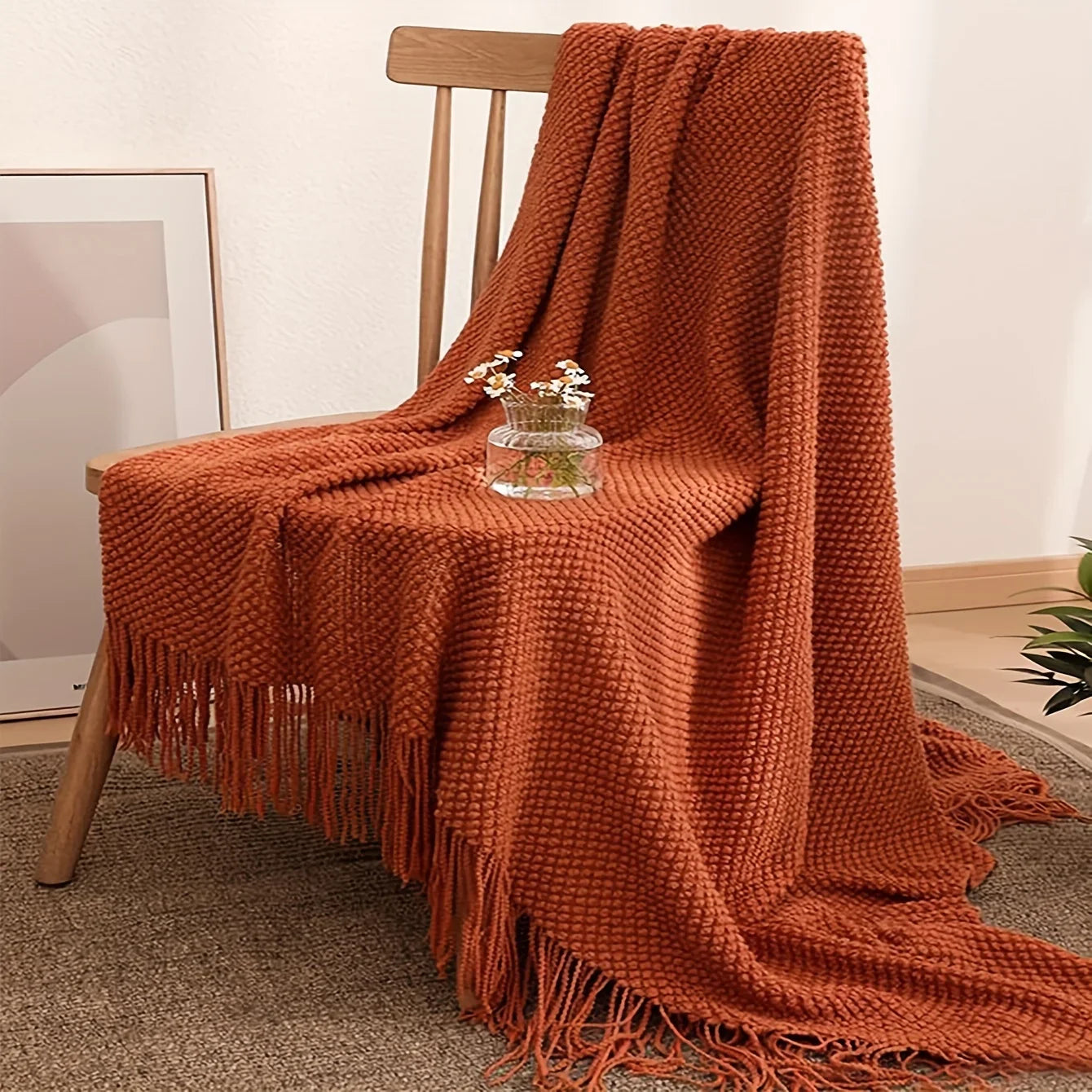 Aurelia Cozy Tassel Knitted Blanket in Morandi Orange | Soft & Warm | 3 Sizes | For Sofa, Bed & Travel