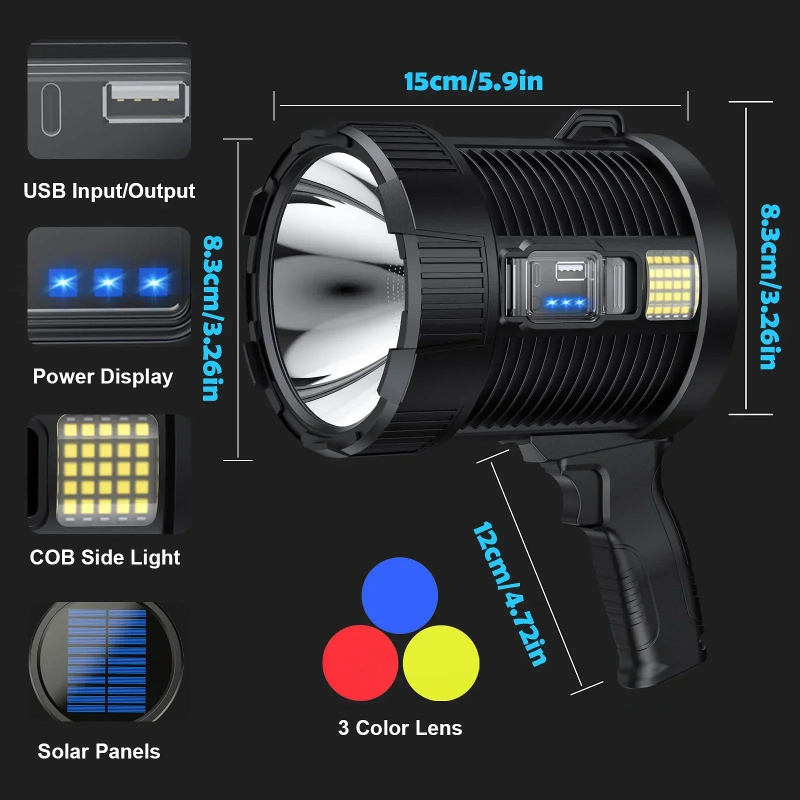 Spotlight LuminexPro 900K | 900,000 Lumens | 10,000 mAh Battery | Solar & USB Charging Function | IPX5 Waterproof