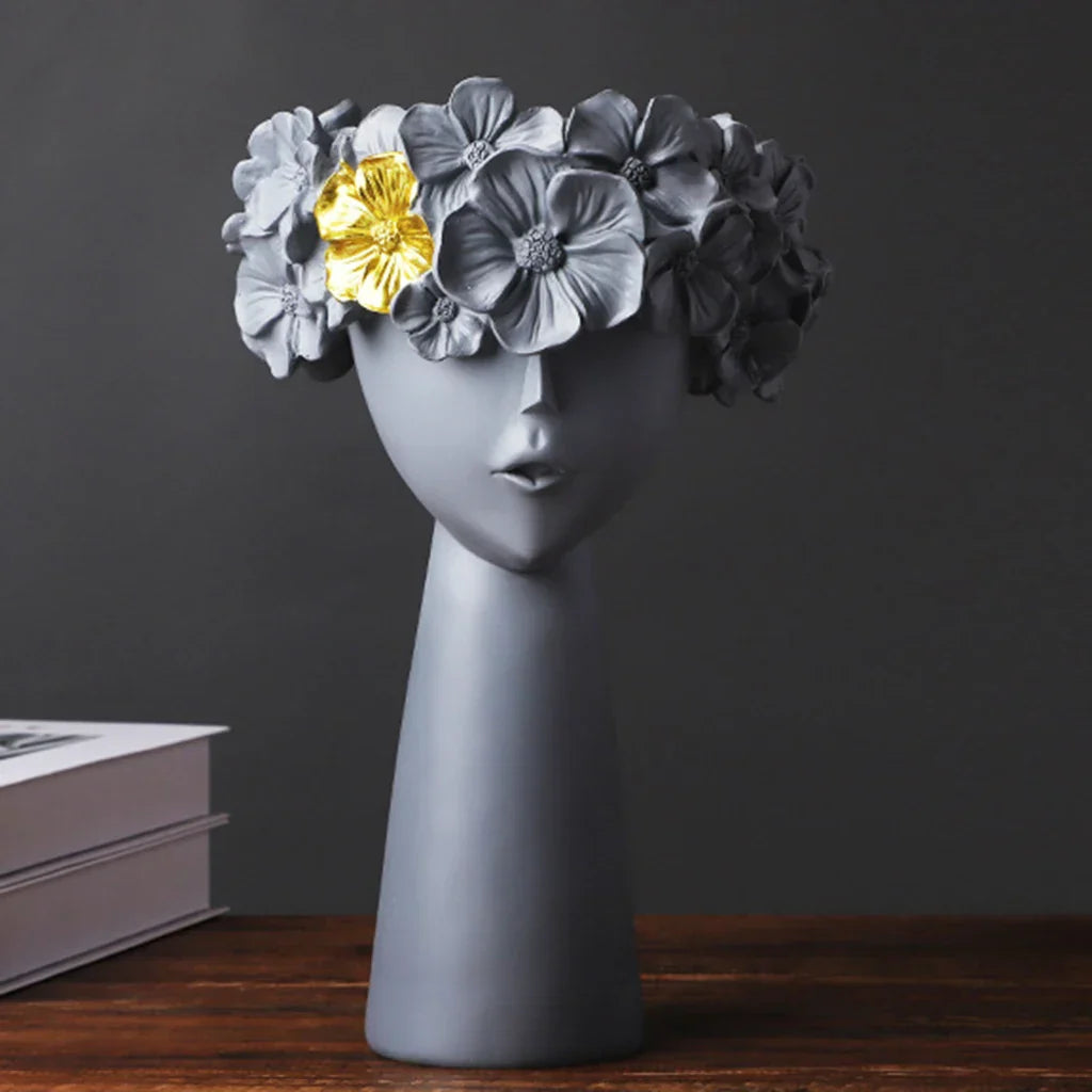 Nordic Girl Head Flower Resin Vase Statue Flower Vases for Office Desktop Dried Flowers Ornaments Decor Container