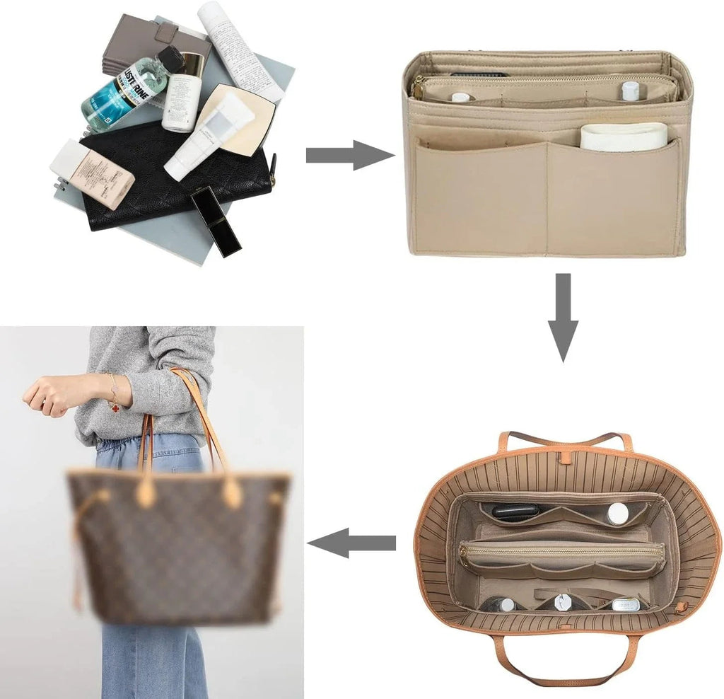 TaschenLuxe Organizer Inlay | Felt insert with zipper | 15 compartments & key strap | For handbags & shoppers
