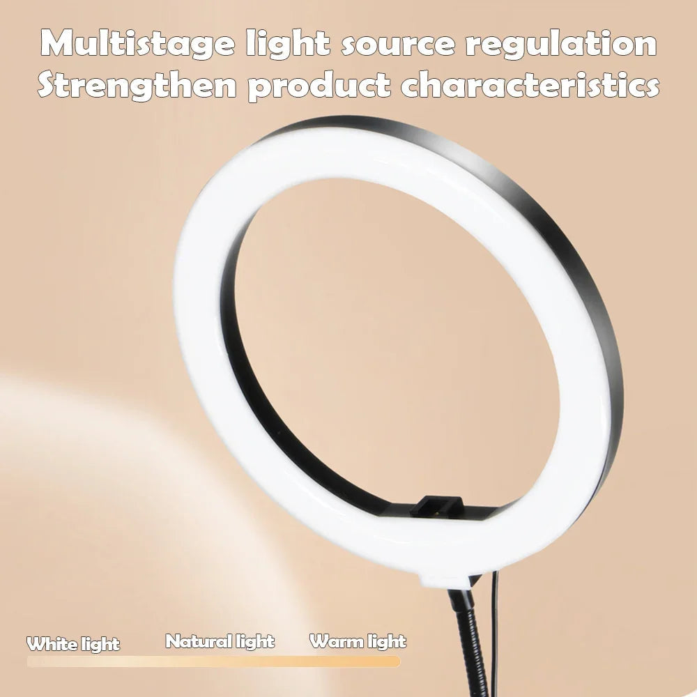 LumiFlex LED ring light with flexible arm & phone holder | 3 light colors & USB connection | Perfect for livestream, video & selfie