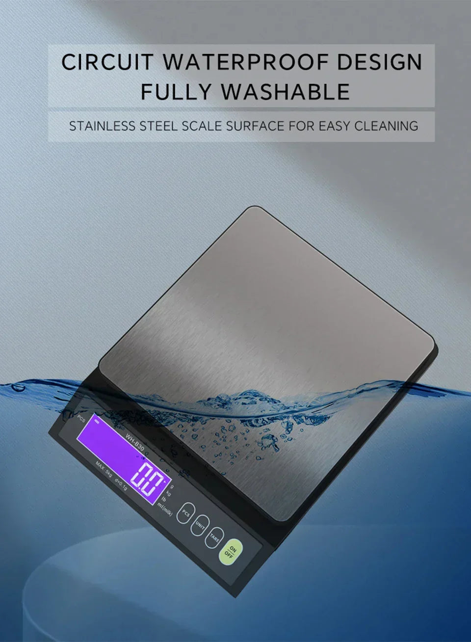 5 kg/0.1 g and 10 kg/1 g digital electronic kitchen scale, LCD display, fully waterproof stainless steel weighing tool for baking